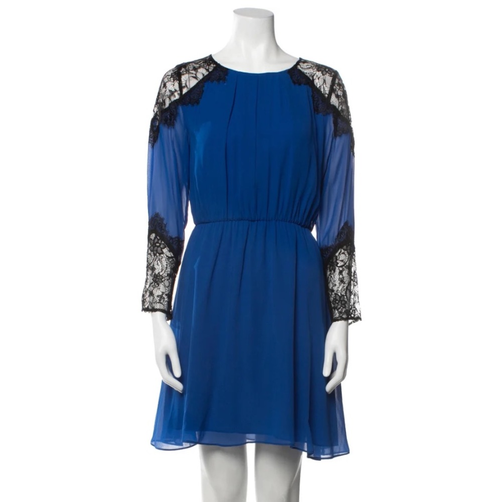 Alice + Olivia Silk Mini Dress Lace Shoulder Blue